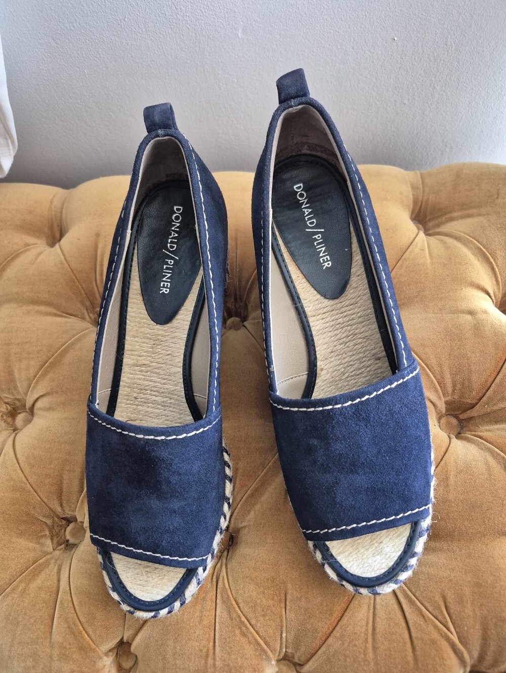 Donald Pliner Navy Suede Peep Toe Espadrille Wedge Sandals Shoes 8.5